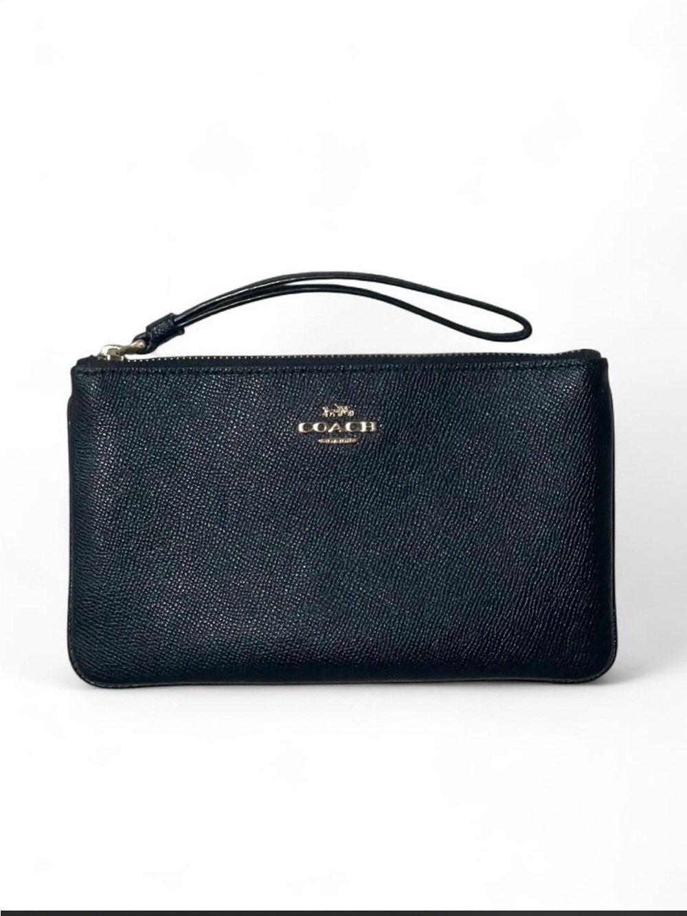Coach Black Leather Wristlet Clutch with Gold Logo